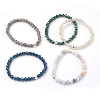 Natural Mixed Stone Beads Stretch Bracelets, with 925 Sterling Silver Beads, Round, Cardboard Boxes, Silver, 2-1/8 inch(5.5cm), Box: 9x6.5x2.7cm
