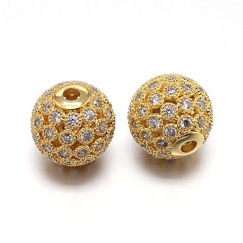 Brass Micro Pave Cubic Zirconia Round Beads, Real 18K Gold Plated, Lead Free & Cadmium Free & Nickel Free, Clear, 10mm, Hole: 1.8mm