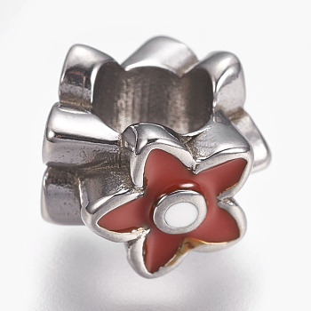 304 Stainless Steel Beads, with Enamel, Large Hole Beads, Flower, Dark Red, Stainless Steel Color, 11x9mm, Hole: 5.5mm