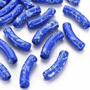 Opaque Spray Painted Acrylic Beads, Two Tone, Curved Tube, Royal Blue, 32x10x8mm, Hole: 1.8mm