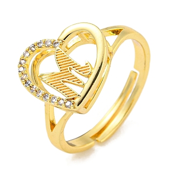 Heart with Letter Rack Plating Brass Micro Pave Cubic Zirconia Adjustable Rings for Women, Lead Free & Cadmium Free, Real 18K Gold Plated, Letter M, Inner Diameter: 16mm