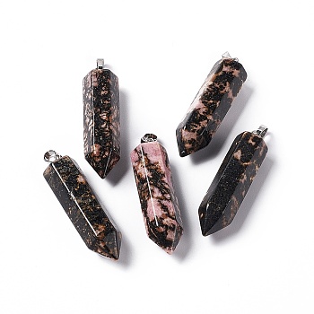 Natural Rhodonite Double Terminated Pointed Pendants, with Platinum Tone Brass Findings, Bullet, 39x10x10mm, Hole: 3x6mm