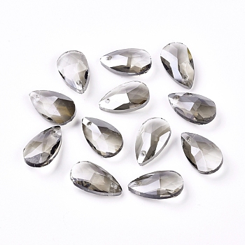 Faceted Glass Pendants, Teardrop, Dark Gray, 15x9.5x5.5mm, Hole: 1mm