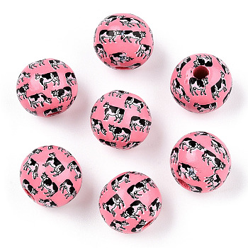 Printed Schima Wooden Beads, Round with Cow Pattern, Hot Pink, 16x14.5mm, Hole: 3.8mm