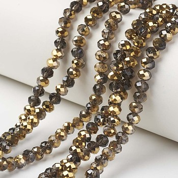 Electroplate Transparent Glass Beads Strands, Half Golden Plated, Faceted, Rondelle, Coconut Brown, 3.5x3mm, Hole: 0.4mm, about 123~127pcs/strand, 13.7~14.1 inch(35~36cm)