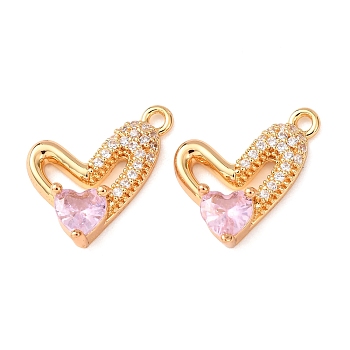 Brass Micro Pave Cubic Zirconia Pendants, Heart Charms, Nickel Free, Real 18K Gold Plated, Pearl Pink, 12x14.5x4.5mm, Hole: 1.4mm