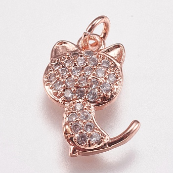 Brass Micro Pave Cubic Zirconia Kitten Charms, Cat Silhouette Shape, Rose Gold, 14x9x2.5mm, Hole: 2mm