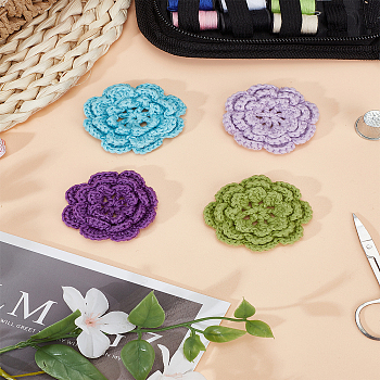 4Pcs 4 Colors Hand-woven Cotton Ornament Accessories, Flower, Mixed Color, 53x6mm, 1pc/color