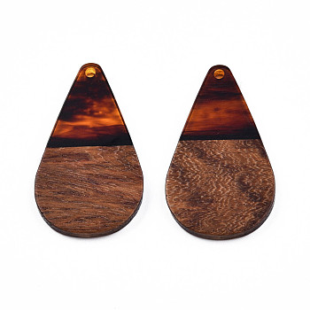 Transparent Resin & Walnut Wood Pendants, Teardrop Shape Charm, Chocolate, 38x22x3mm, Hole: 2mm