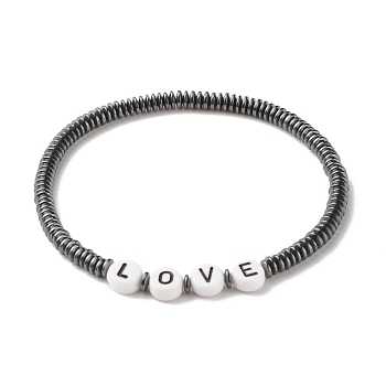 Synthetic Hematite Heishi Beaded Stretch Bracelet with Word Love, Gemstone Jewelry for Women, Black, Inner Diameter: 2-3/8 inch(6cm)