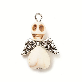 Halloween Dyed Synthetic Turquoise Pendants, Skull Angel Charms with CCB Plastic Wings and Platinum Tone Iron Loops, White, 29x20x9mm, Hole: 2.5mm