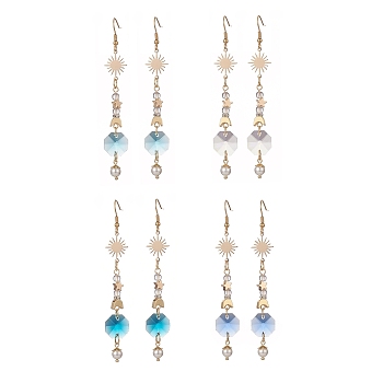 Glass Dangle Earrings with Shell Beads, 304 Stainless Steel Jewelry for Women, Golden, 94mm, Pin: 0.7mm, 4 pairs/set