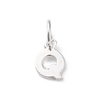 925 Sterling Silver Letter Charms, with Jump Rings and 925 Stamp, Silver Color Plated, Letter Q, 7.5x6x0.8mm, Hole: 4mm