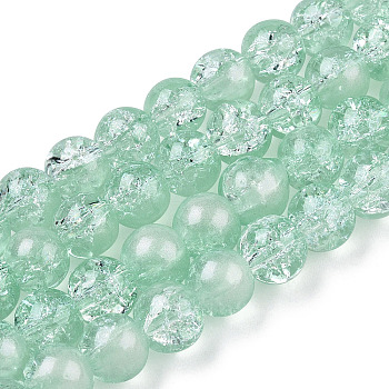 Translucent Crackle Glass Beads Strands, with Glitter Powder, Round, Honeydew, 8x7.5mm, Hole: 1mm, about 100~105Pcs/strand, 31.50 inch~33.07 inch(80cm~84cm)