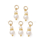Natural Cultured Freshwater Pearl & Brass Pendants, Potato Beaded Charms with 304 Stainless Steel Jump Rings, White, Golden, 14~14.5x5~6mm, Hole: 3.3mm(PALLOY-JF05442-02)