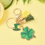 St. Patrick's Day Alloy Enamel & Faux Suede Tassel & Wood Keychains, with Iron Rings, Mixed Color, 106mm, Pendant: 22~40mm(KEYC-YW00199-01)