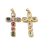 Rack Plating Eco-Friendly Brass Micro Pave Cubic Zirconia Pendants, Long-Lasting Plated, Lead Free & Cadmium Free, Religion Cross Charm, Real 18K Gold Plated & Gunmetal, 41x23.5x3.5mm, Hole: 4x3.5mm(X-KK-A177-05G)