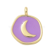 Brass Enamel Pendants, Rack Plating, Cadmium Free & Lead Free, Long-Lasting Plated, Real 18K Gold Plated, Flat Round with Moon Charm, Plum, 19x15x2mm, Hole: 2mm(KK-P293-11G-01)