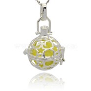 Silver Color Plated Brass Hollow Round Cage Pendants, with No Hole Spray Painted Brass Round Ball Beads, Champagne Yellow, 36x25x21mm, Hole: 3x8mm(KK-J226-01S)