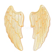 Natural Yellow Shell Carved Pendants, Angel Wing Charms, 2-Hole, Gold, 34.5x14.5x2mm, Hole: 1mm(SSHEL-C012-16)