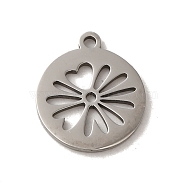 Non-Tarnish 201 Stainless Steel Pendants, Laser Cut, Flat Round with Flower Charm, Stainless Steel Color, 16x14x1mm, Hole: 1.5mm(STAS-E211-07P)