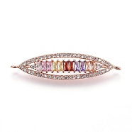 Brass Micro Pave Cubic Zirconia Links, Horse Eye, Colorful, Rose Gold, 44.5x11x3.5mm, Hole: 1.2mm(ZIRC-F093-10RG)