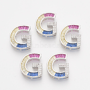 Brass Cubic Zirconia Slide Charms, Real Platinum Plated, Colorful, Letter, Letter.G, 18x15.5x5mm, Hole: 1.5x2mm and 1.5x7mm(ZIRC-S063-01G-P)