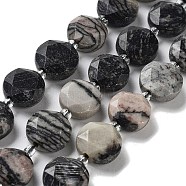 Natural Black Silk Stone/Netstone Beads Strands, with Seed Beads, Faceted Hexagonal Cut, Flat Round, 12~12.5x5~6mm, Hole: 1.2~1.4mm, about 27~29pcs/strand, 15.55~15.75 inck(39.5~40cm)(G-NH0004-037)