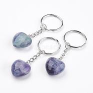 Natural Fluorite Keychain, with Platinum Iron Findings, Heart, 72mm(KEYC-F019-02K)