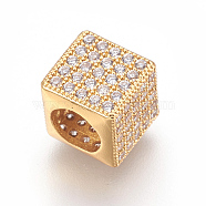 Brass Micro Pave Cubic Zirconia European Beads, Large Hole Beads, Cube, Clear, Golden, 8x8x8mm, Hole: 5mm(KK-O106-32G)