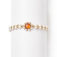Glass & Shell Pearl Bead Bracele, Dainty Braided Beaded Bracelet for Women, Orange, 7-1/2 inch(19cm)(BJEW-TA00180-02)