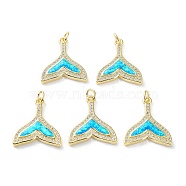 Rack Plating Brass Micro Pave Cubic Zirconia Pendants, Synthetic Opal Fishtail Charms with Jump Ring, Cadmium Free & Lead Free, Long-Lasting Plated, Real 18K Gold Plated, Cyan, 21x18.5x3.5mm, Hole: 3.4mm(KK-C041-27G)