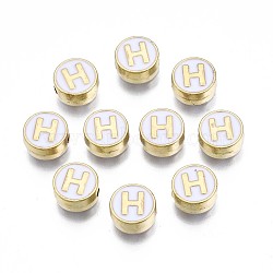 Alloy Enamel Beads, Cadmium Free & Lead Free, Light Gold, Flat Round with Alphabet, White, Letter.H, 8x4mm, Hole: 1.5mm(X-ENAM-N052-006-01H-RS)