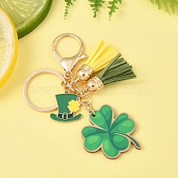 St. Patrick's Day Alloy Enamel & Faux Suede Tassel & Wood Keychains, with Iron Rings, Mixed Color, 106mm, Pendant: 22~40mm(KEYC-YW00199-01)