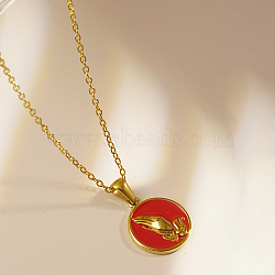 Stylish Stainless Steel Enamel Enamel Pendant Necklaces, with Cable Chain for Women, Flat Round with Prayer Sign, Red, 17.72 inch(45cm)(ZI7036-1)