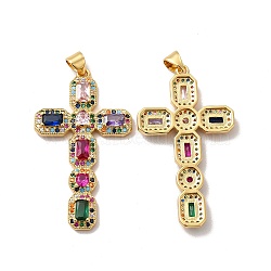 Rack Plating Eco-Friendly Brass Micro Pave Cubic Zirconia Pendants, Long-Lasting Plated, Lead Free & Cadmium Free, Religion Cross Charm, Real 18K Gold Plated & Gunmetal, 41x23.5x3.5mm, Hole: 4x3.5mm(X-KK-A177-05G)
