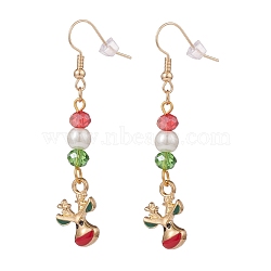 Enamel Reindeer Charm with Glass Pearl Dangle Earrings, Gold Plated Brass Christmas Jewelry for Women, Colorful, 59mm, Pin: 0.8mm(EJEW-JE04961-02)