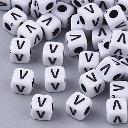 White Opaque Acrylic Beads, Horizontal Hole, Cube with Black Alphabet, Letter.V, 4~5x4~5x4~5mm, Hole: 1.8mm, about 208pcs/16g(X-MACR-R869-02V)
