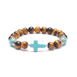 Natural Tiger Eye & Synthetic Turquoise(Dyed) Cross Beaded Bracelet, Gemstone Jewelry for Women, Inner Diameter: 2-1/8 inch(5.5cm)(BJEW-TA00179-01)