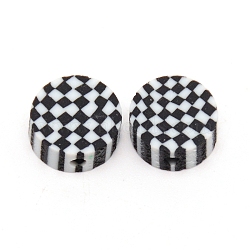 Handmade Polymer Clay Bead, Flat Round with Plaid Pattern, Black, 8.5~9x4.5mm, Hole: 2mm(CLAY-CJC0009-04)