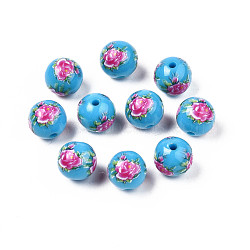 Opaque Printed Acrylic Beads, Round with Flower Pattern, Deep Sky Blue, 9x9.5mm, Hole: 1.8mm(MACR-T043-02B-01)