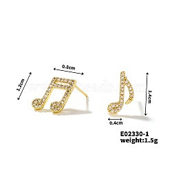 Shiny Copper Earrings with Zircon Stones, Fashionable and Elegant Stud Earrings for Women, Musical Note, Golden, 12x8mm, 14x4mm(JG9424-4)