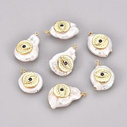 Natural Cultured Freshwater Pearl Pendants, with Brass Micro Pave Cubic Zirconia Findings, Flat Round with Evil Eye, Golden, 20~28x16~20x6~7mm, Hole: 1.4~1.5mm(PEAR-L025-15G)