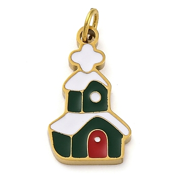 Christmas Theme Ion Plating(IP) 304 Stainless Steel Enamel Pendants, with Jump Ring, Manual Polishing, Real 18K Gold Plated, House, 15.5x9x1.5mm, Hole: 2.5mm