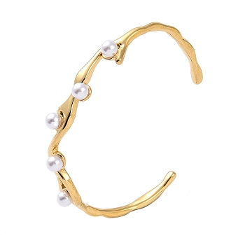 304 Stainless Steel Open Cuff Bangles for Women, with Shell Pearl, Round, Golden, 1/8~3/8 inch(0.4~0.9cm), Inner Diameter: 2-1/4x1-3/4 inch(5.8x4.3cm)  