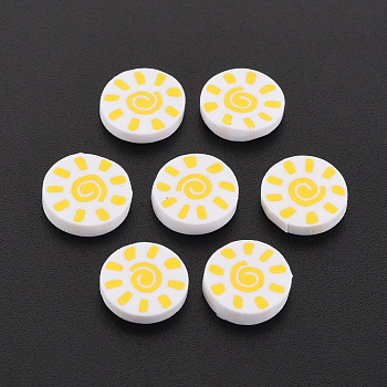 Handmade Polymer Clay Cabochons, Flat Round with Sun, White, 8.5~9x2mm, about 5500pcs/1000g