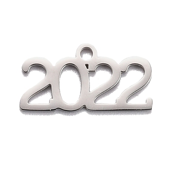 304 Stainless Steel Pendants, Number 2022, Stainless Steel Color, 10.5x20x1.4mm, Hole: 1.8mm