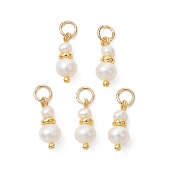Natural Cultured Freshwater Pearl & Brass Pendants, Potato Beaded Charms with 304 Stainless Steel Jump Rings, White, Golden, 14~14.5x5~6mm, Hole: 3.3mm