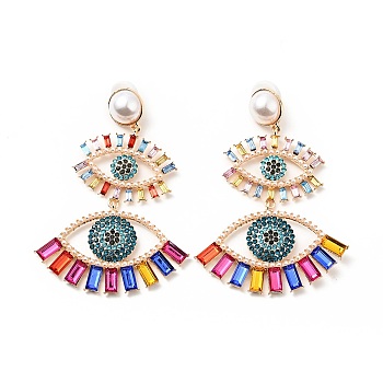Rhinestone Double Evil Eye Dangle Stud Earrings with Acrylic Pearl Beaded, Light Gold Plated Alloy Long Drop Earrings for Women, Colorful, 91.5mm, Pin: 0.7mm