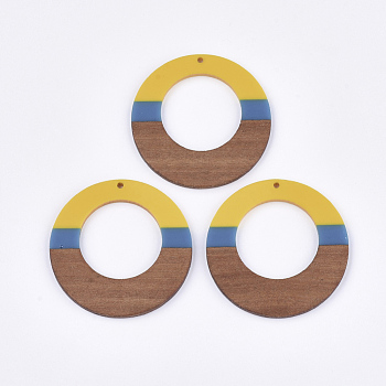 Resin & Walnut Wood Pendants, Tri-color, Flat Round, Gold, 49x3~3.5mm, Hole: 2mm
